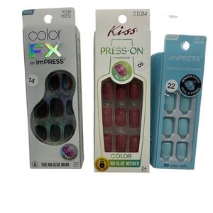 3 Pack Kiss imPRESS Press-On Manicure Nails Lot  Multicolor Peel & Press No Glue